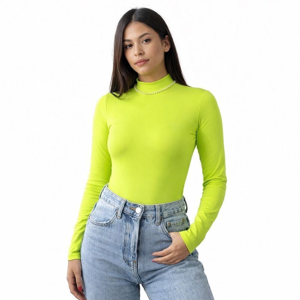 Haute Monde Neon Lime Green Fitted Long Sleeve Mock Neck Bodysuit Size Large